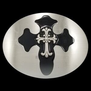 Silver &‎ Black Oval Cross Belt Buckle Western Religious Gothic